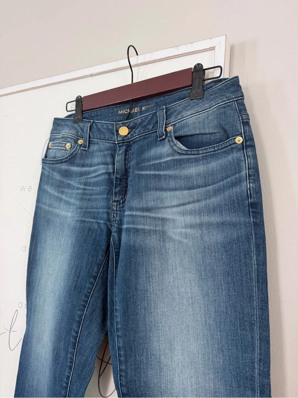 Michael KORS Raw Hem Edge Two Tone Cropped Denim Blue Jeans Distressed Size 2
